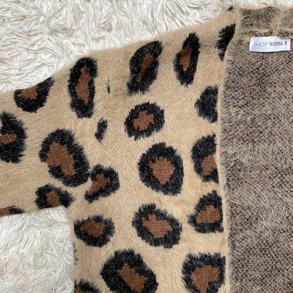 Wanna B Leopard Eyelash Open Cardigan 💗 Tan Brown & Black - Picture 6 of 13